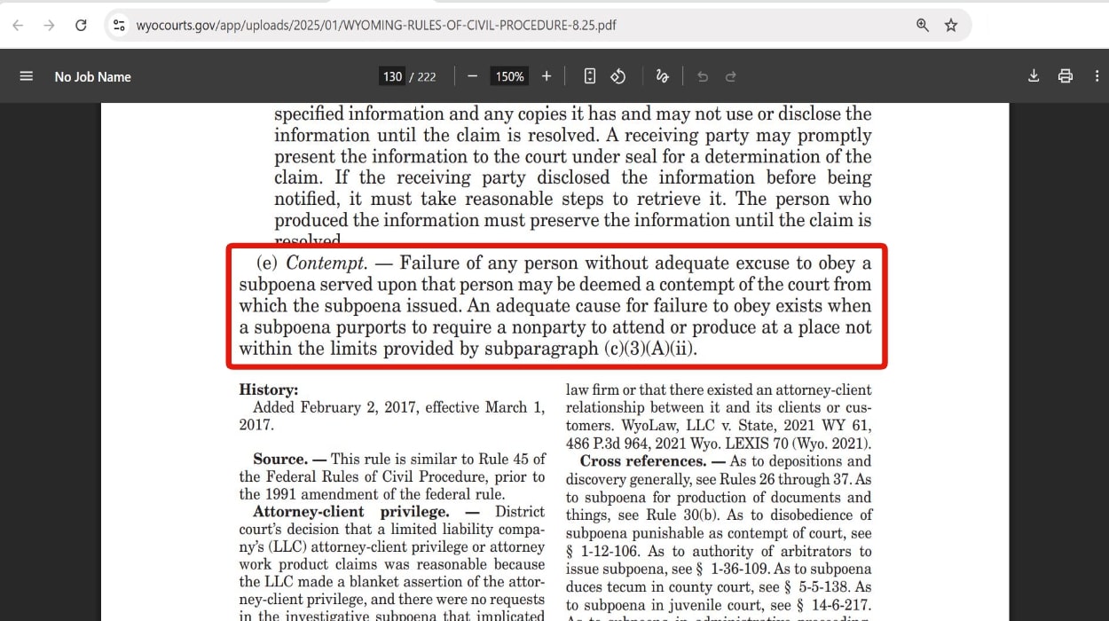 Wyoming Rule of Civil Procedure - Rule 45(e)