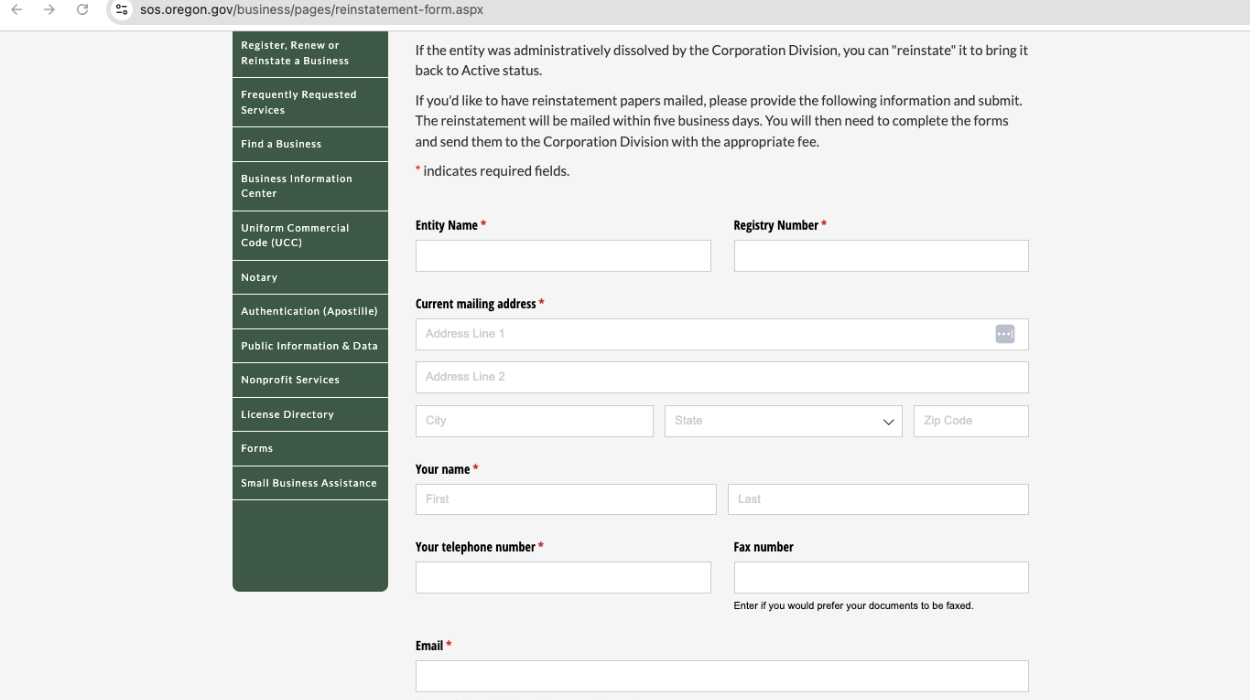 Oregon Reinstatement Form