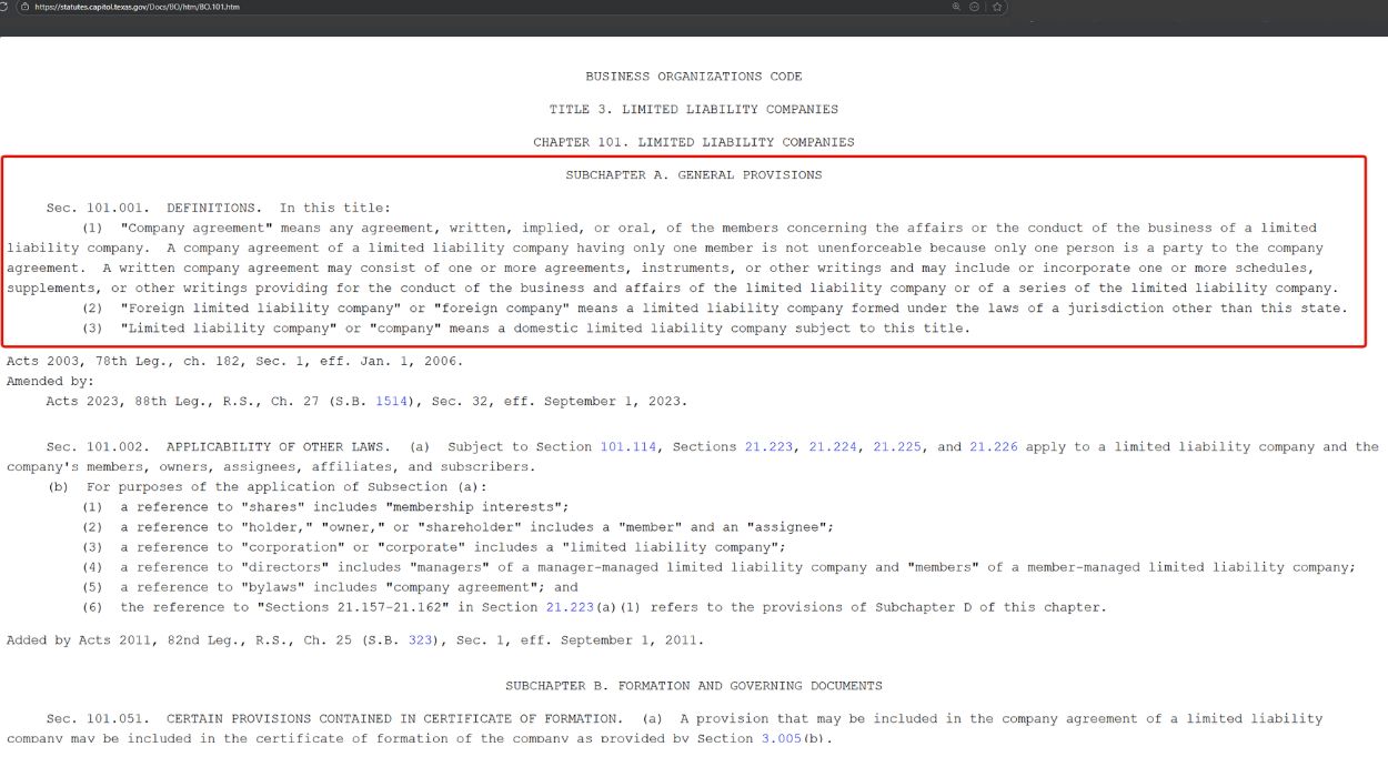 Texas B.O. Code Section 101.001