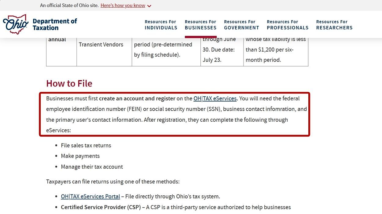 Ohio Sales and Use Tax filing requirements. 