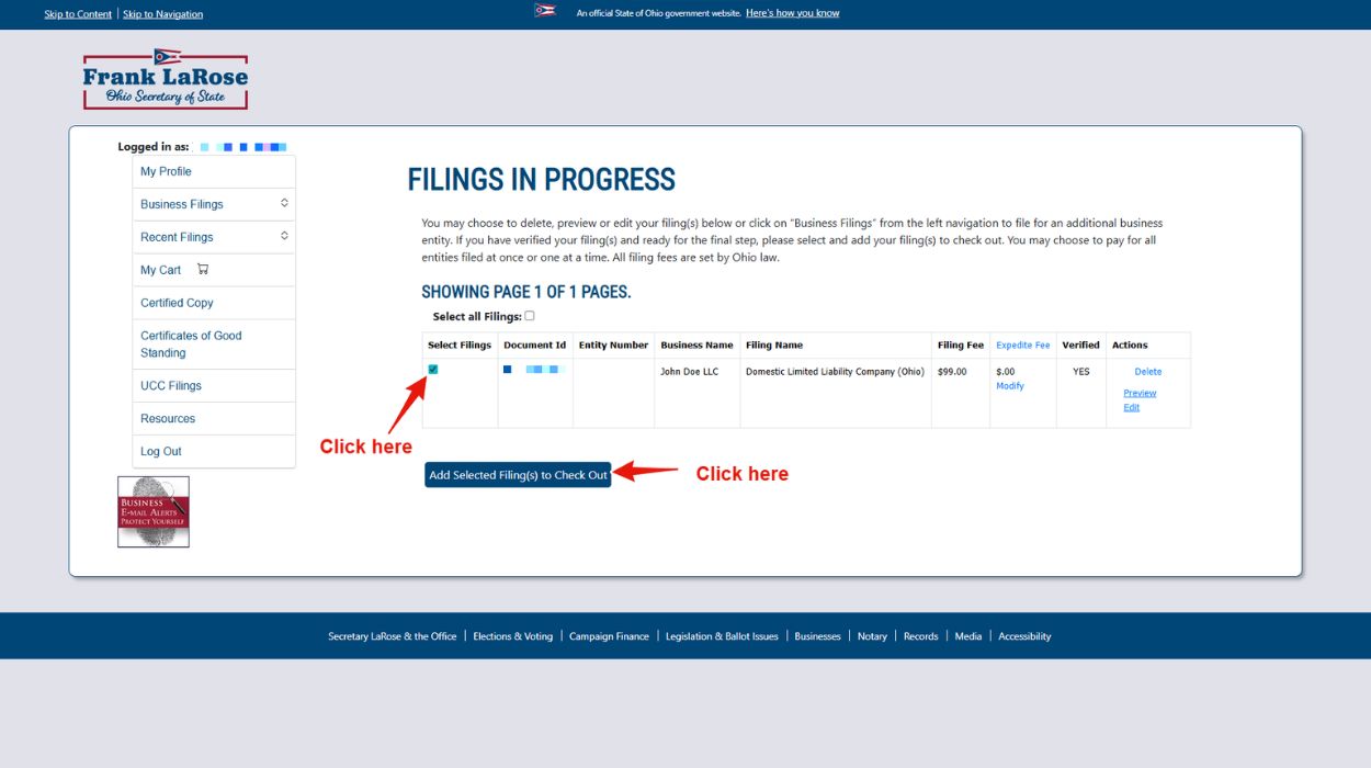 Add filing to checkout. 