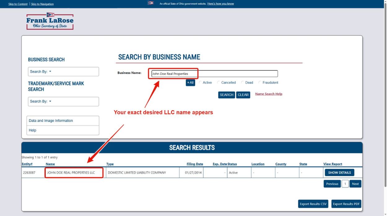 Your exact LLC name appears.