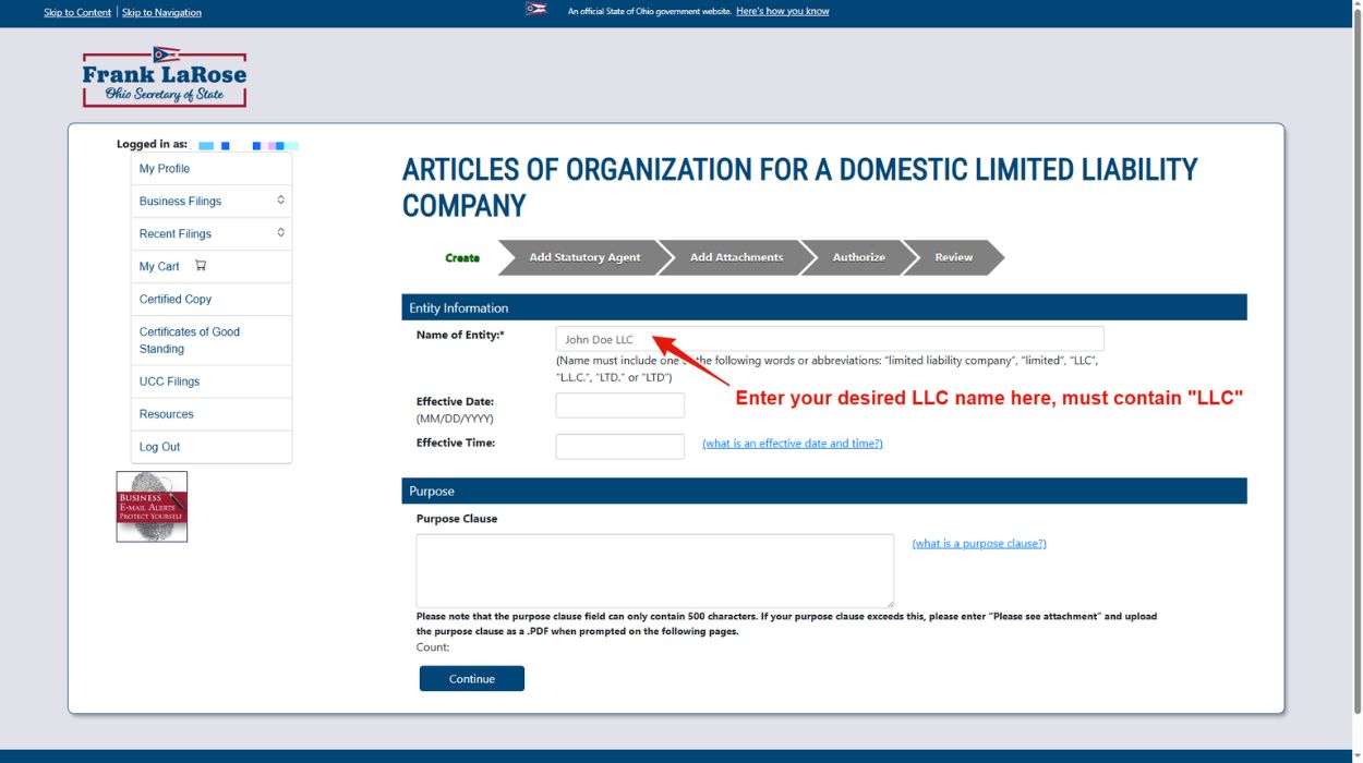 Enter your desired LLC name.