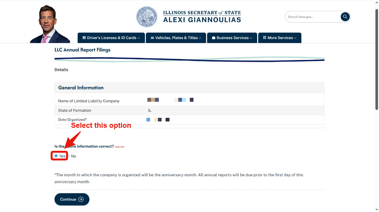 Confirm LLC general information screen