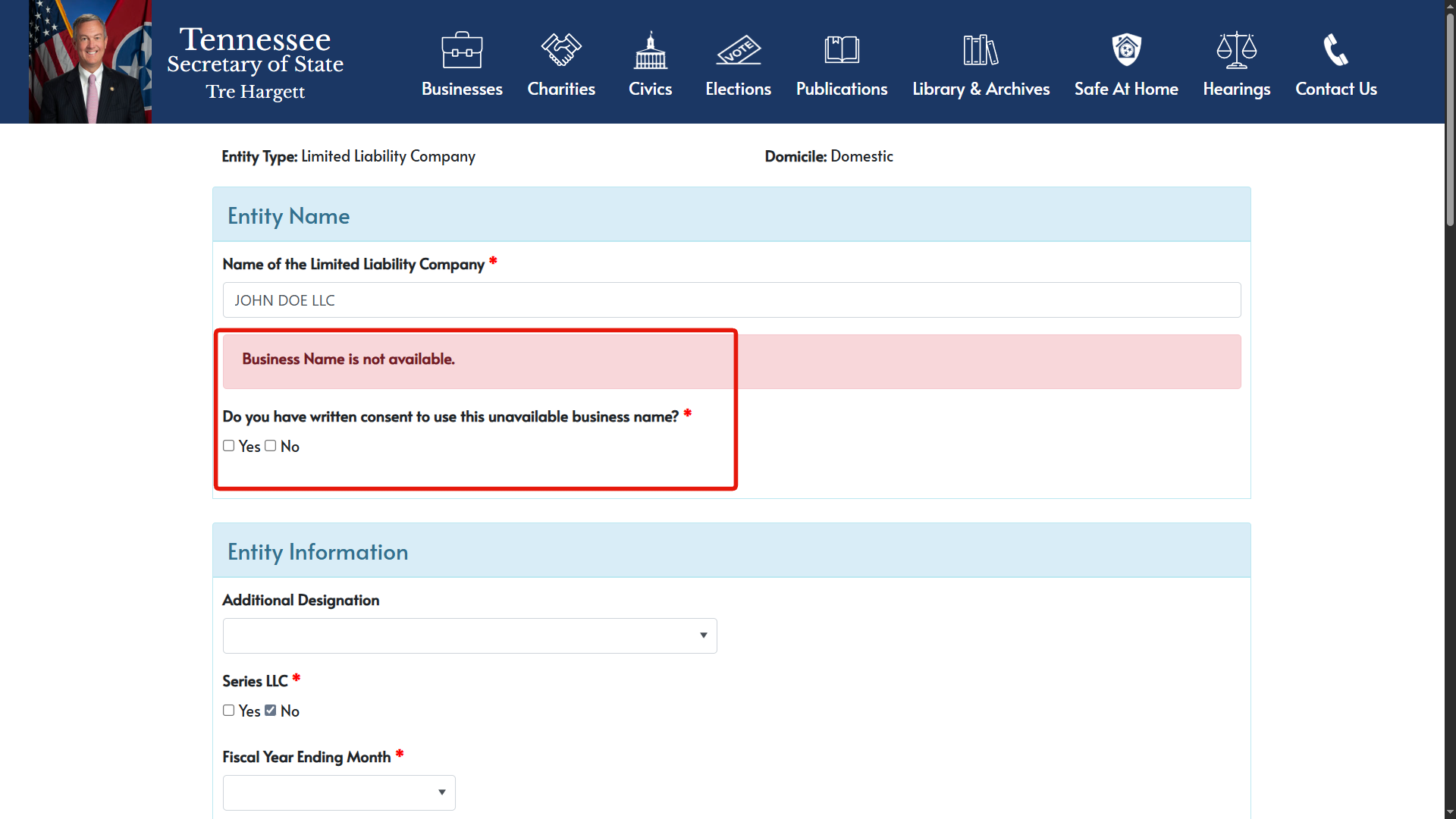 Your desired LLC name is unavailable