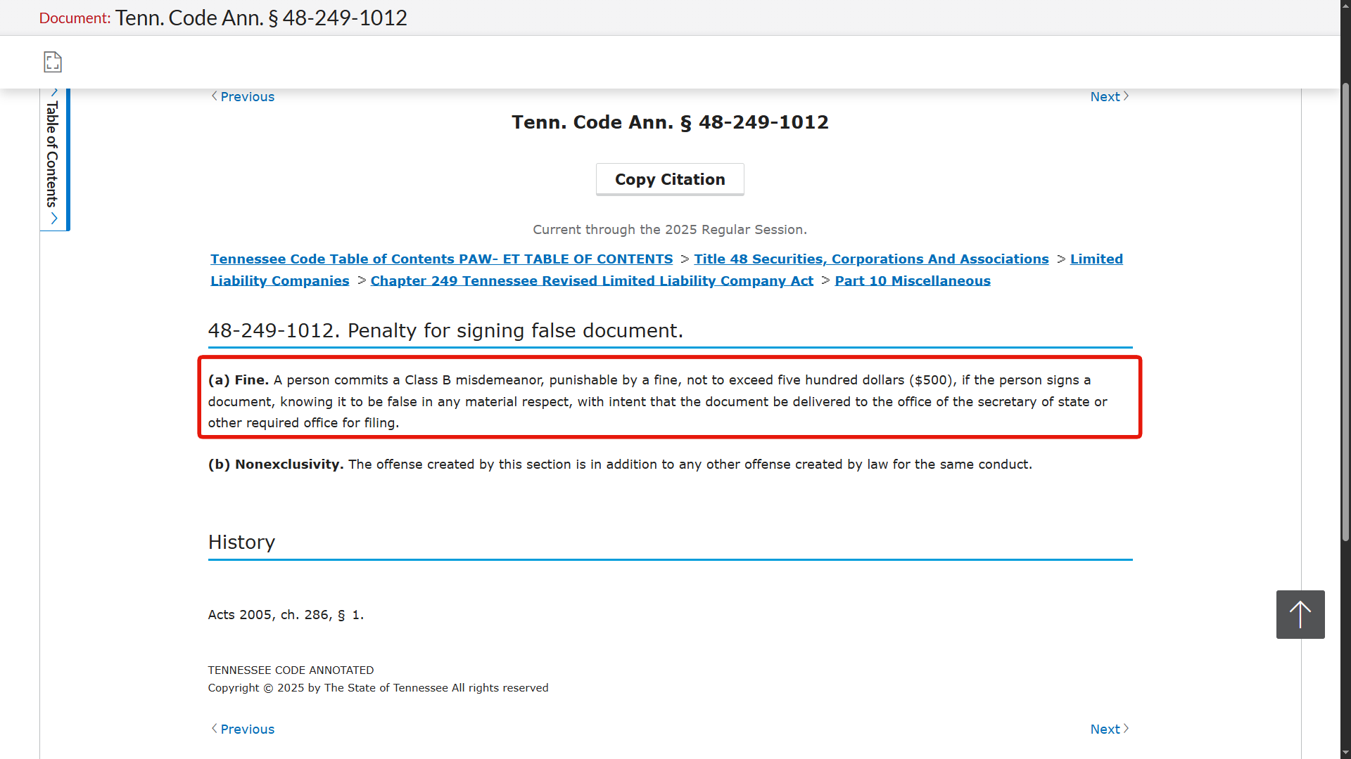 Tenn. Code Ann. § 48-249-1012