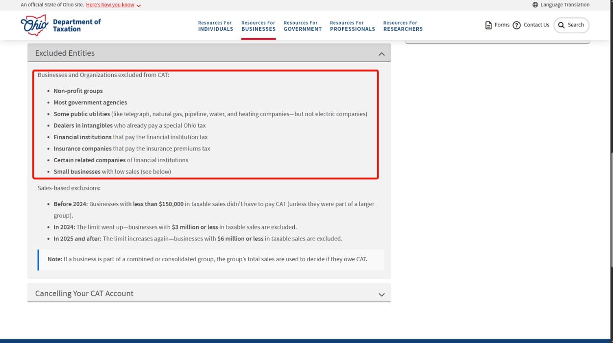 Businesses exempted from CAT