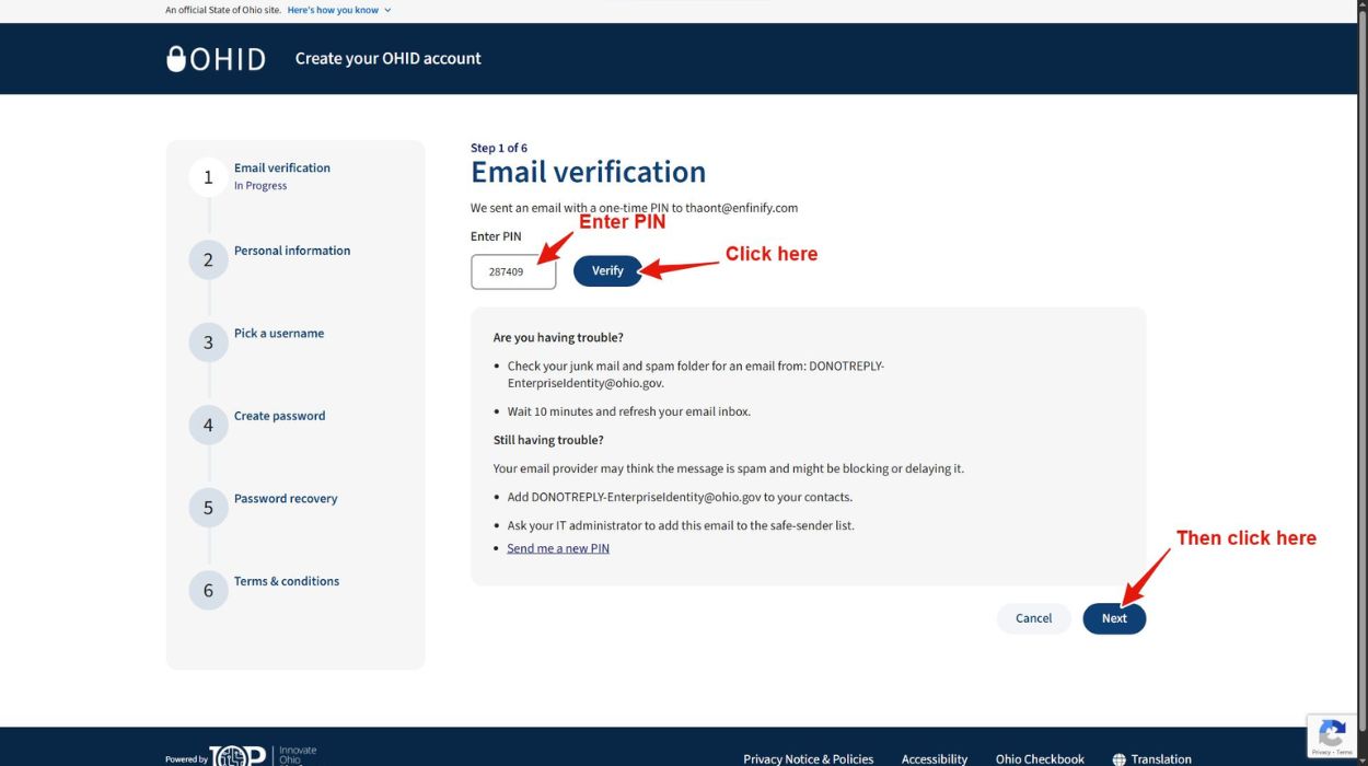 Enter email PIN code.