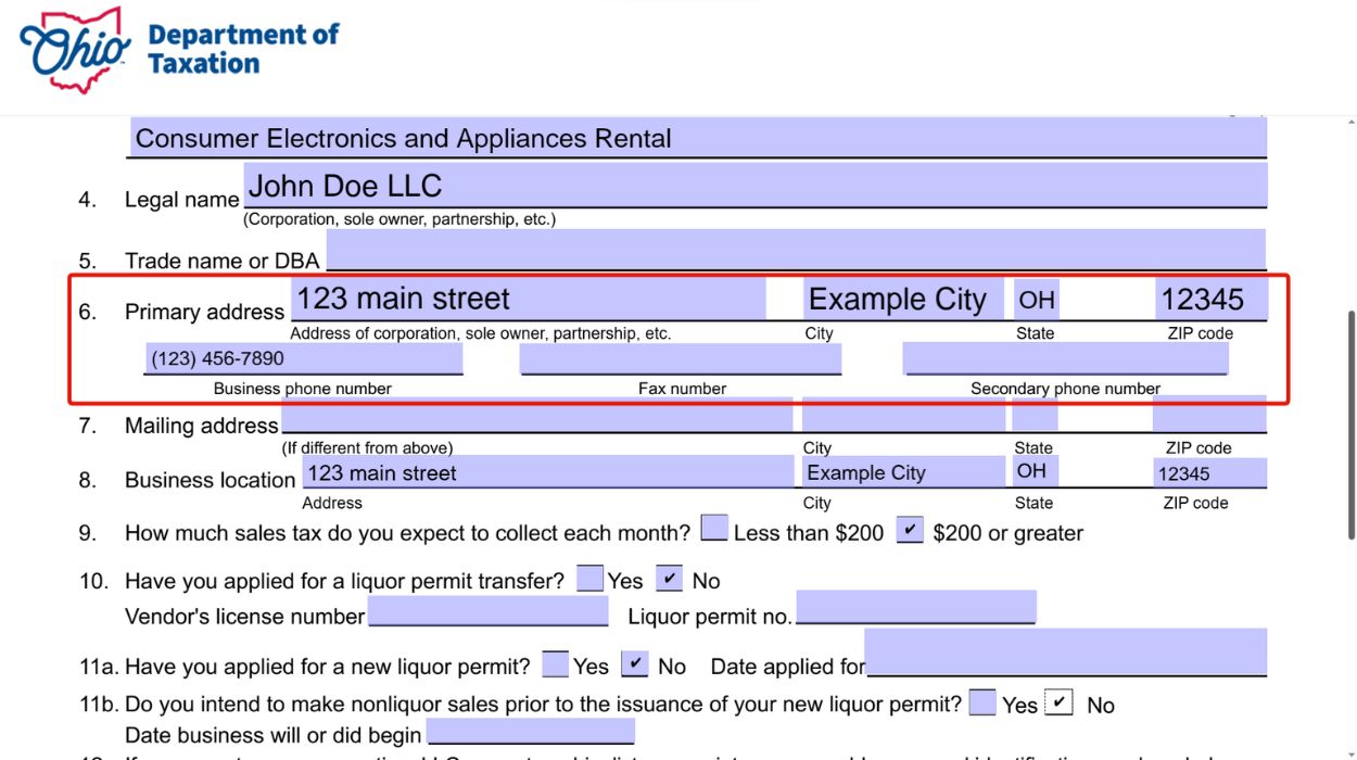 Business primary address