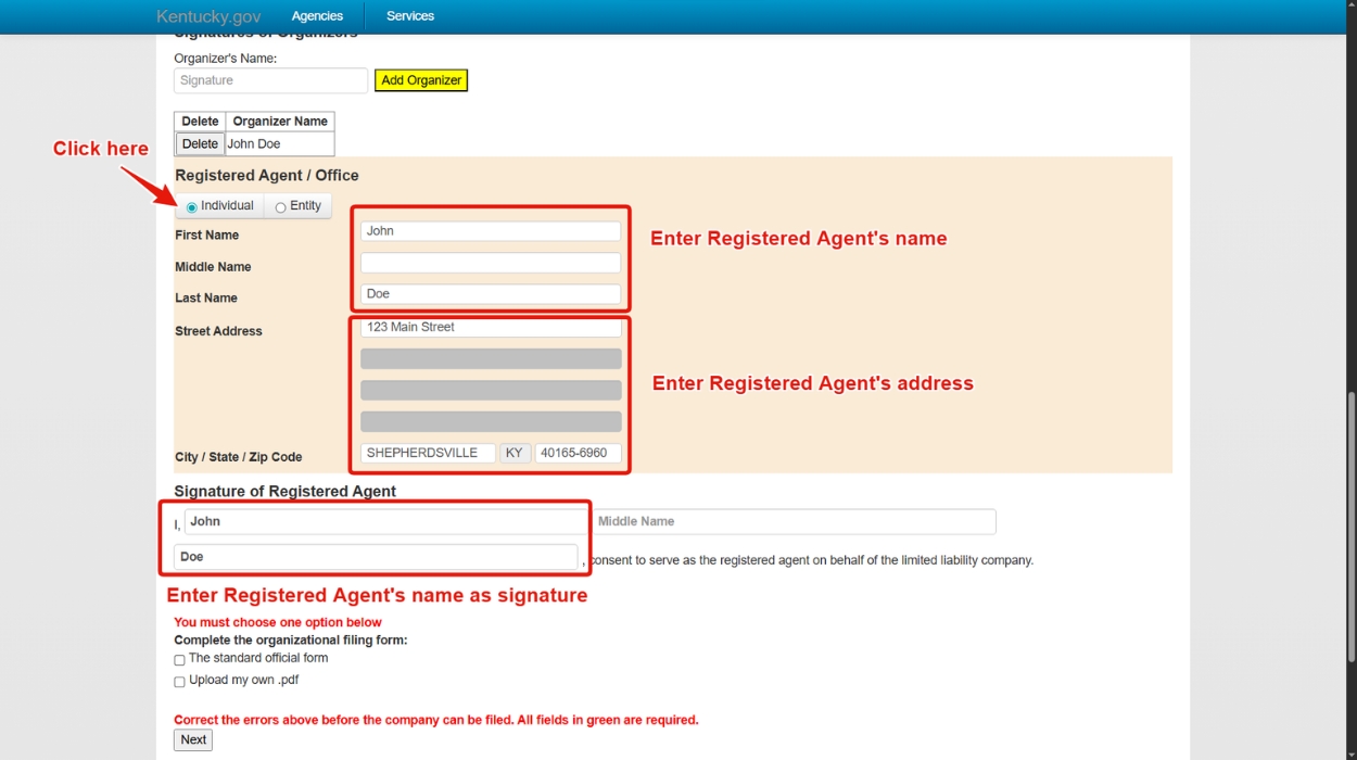 Registered Agent as an individual