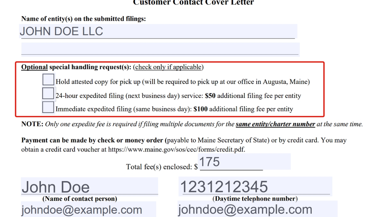 Optional special handling request and fee