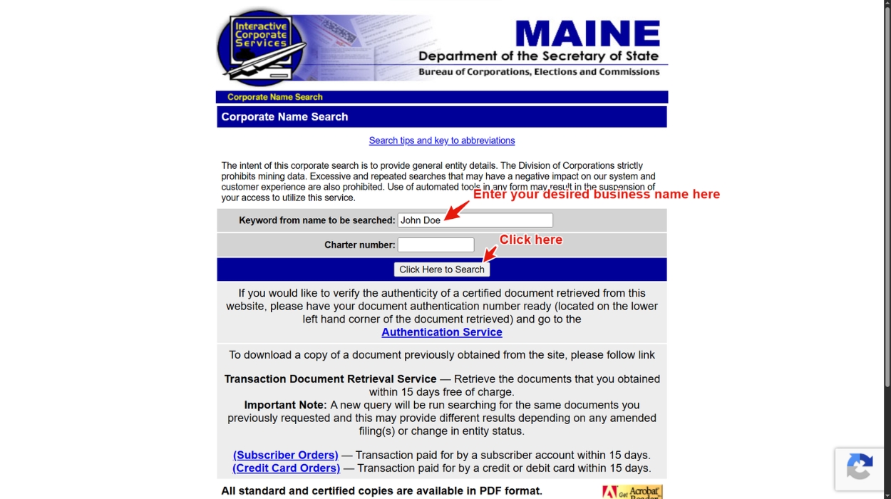 Maine Corporate Name Search