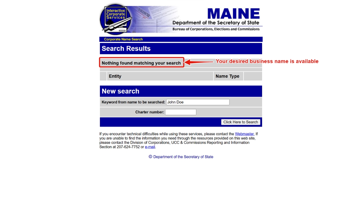 No result found on Maine name search page