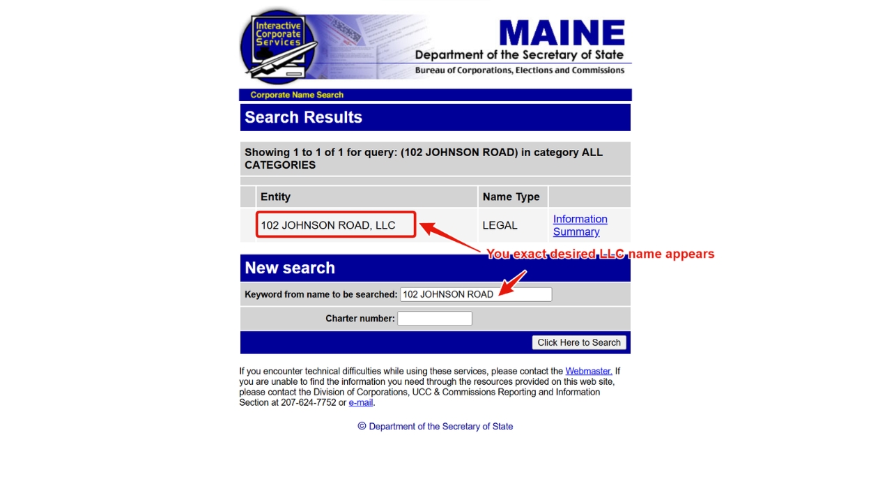 Your desired LLC name appears on the Maine name search