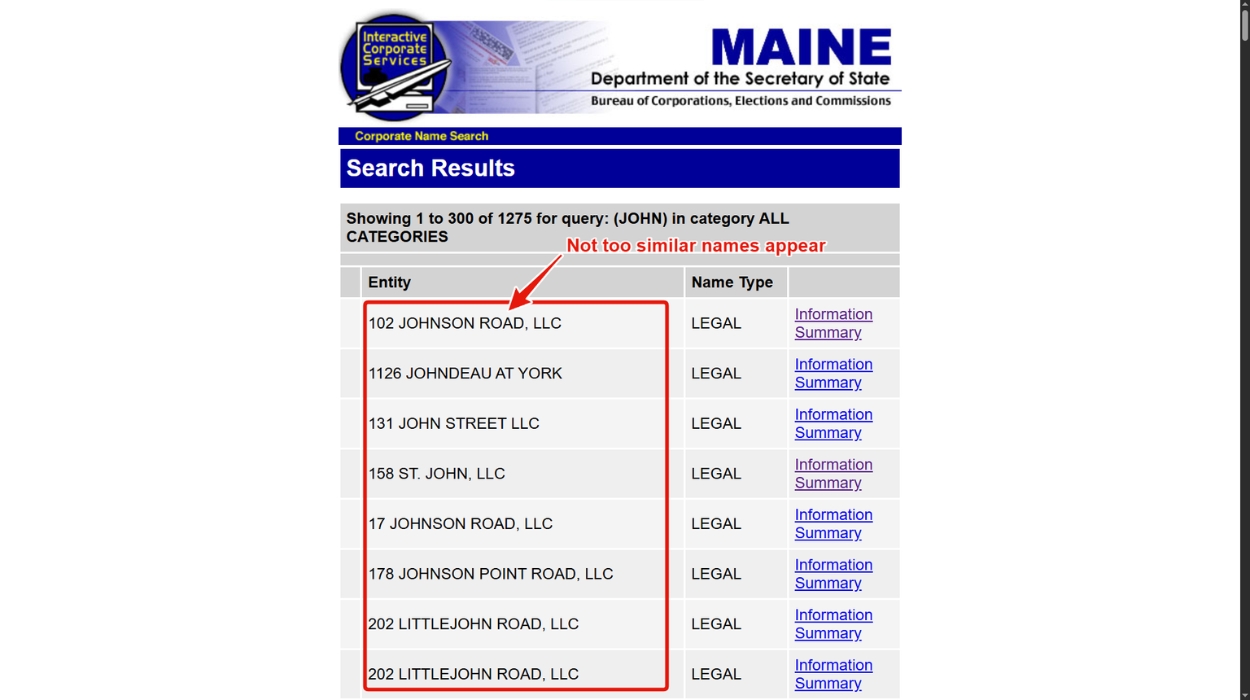 Not too similar names appear on the Maine business name search