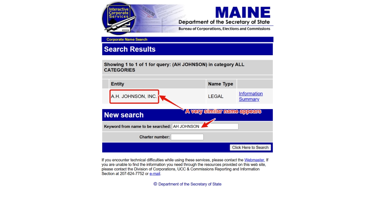 A very similar name appears on the Maine business name search