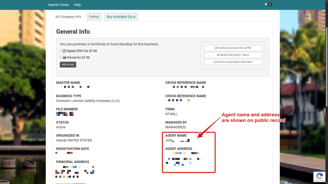 Hawaii Business & Documents Search tool shows the information of agent name and address