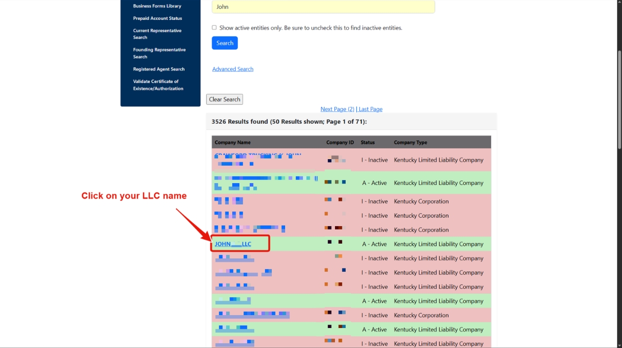 Click on your LLC name in the result table.