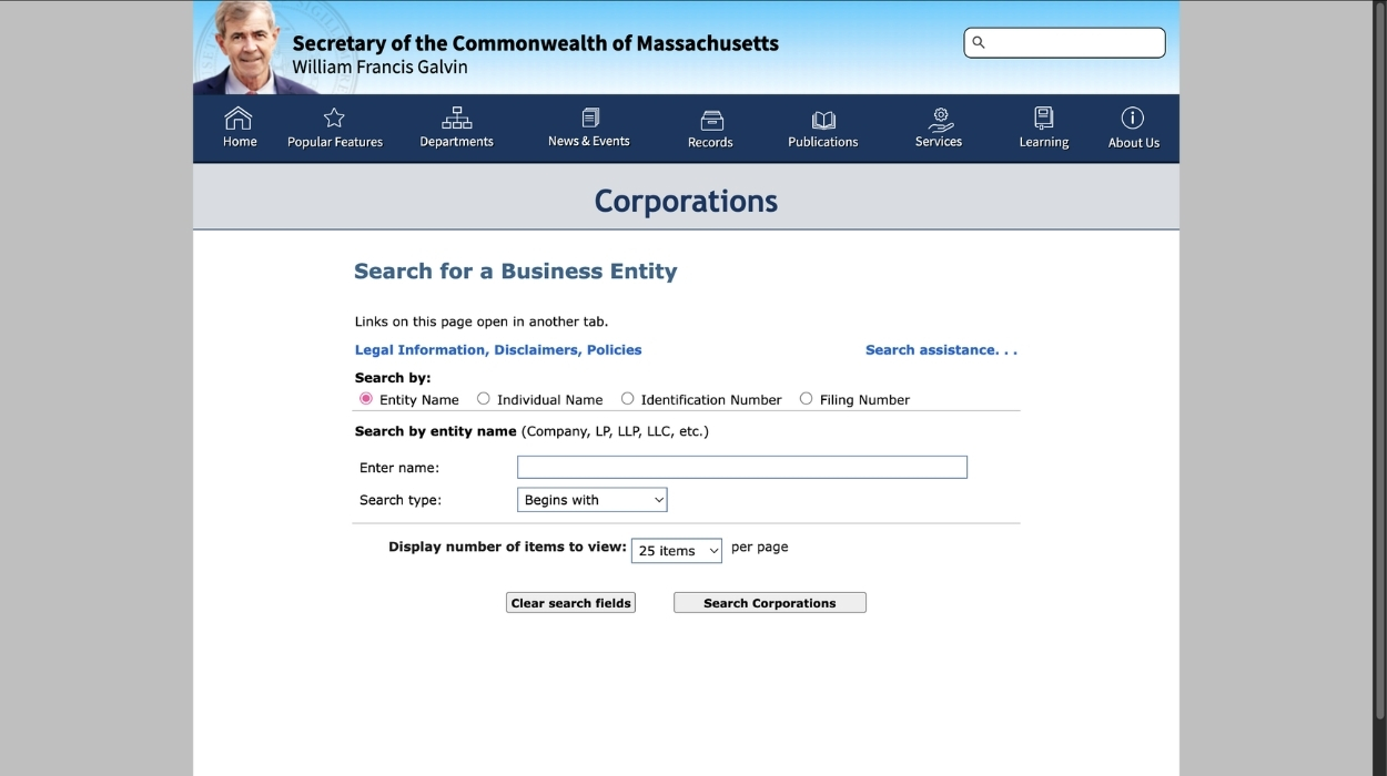 Massachusets Business Name Search tool. Photo: Erik Pham