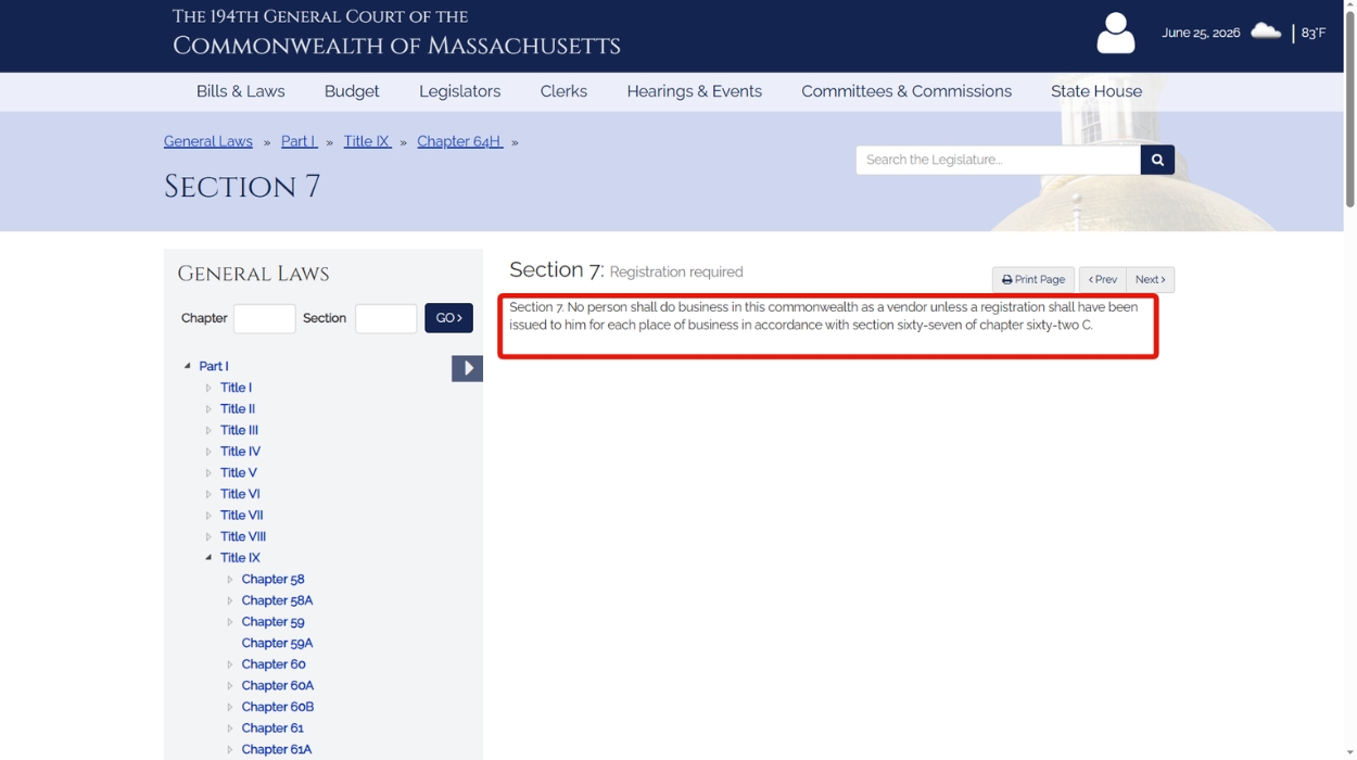 Massachusetts General Laws Chapter 64H §7. Photo Erik Pham